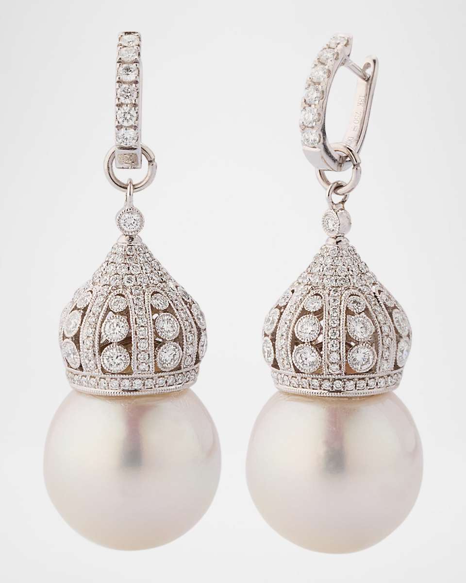 18K White Gold Diamond and South Sea Pearl Earrings